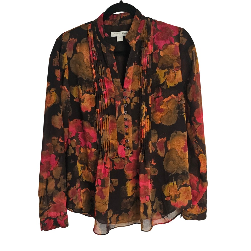 Coldwater Creek Floral Pintuck Blouse Small Pink Orange Brown Sheer Lined Top